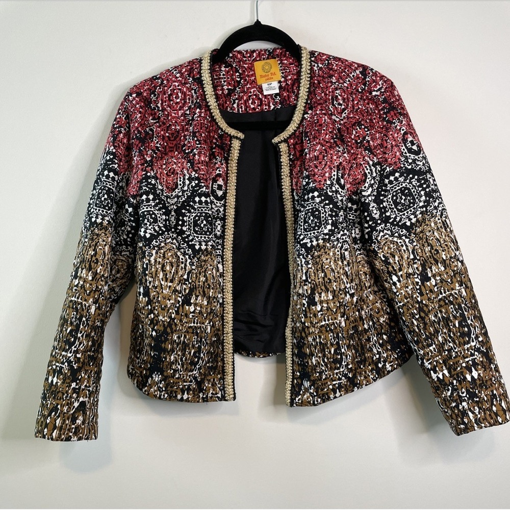 Ruby Rd Petites Open Front Jacket Gold Detail Boho Printed Top